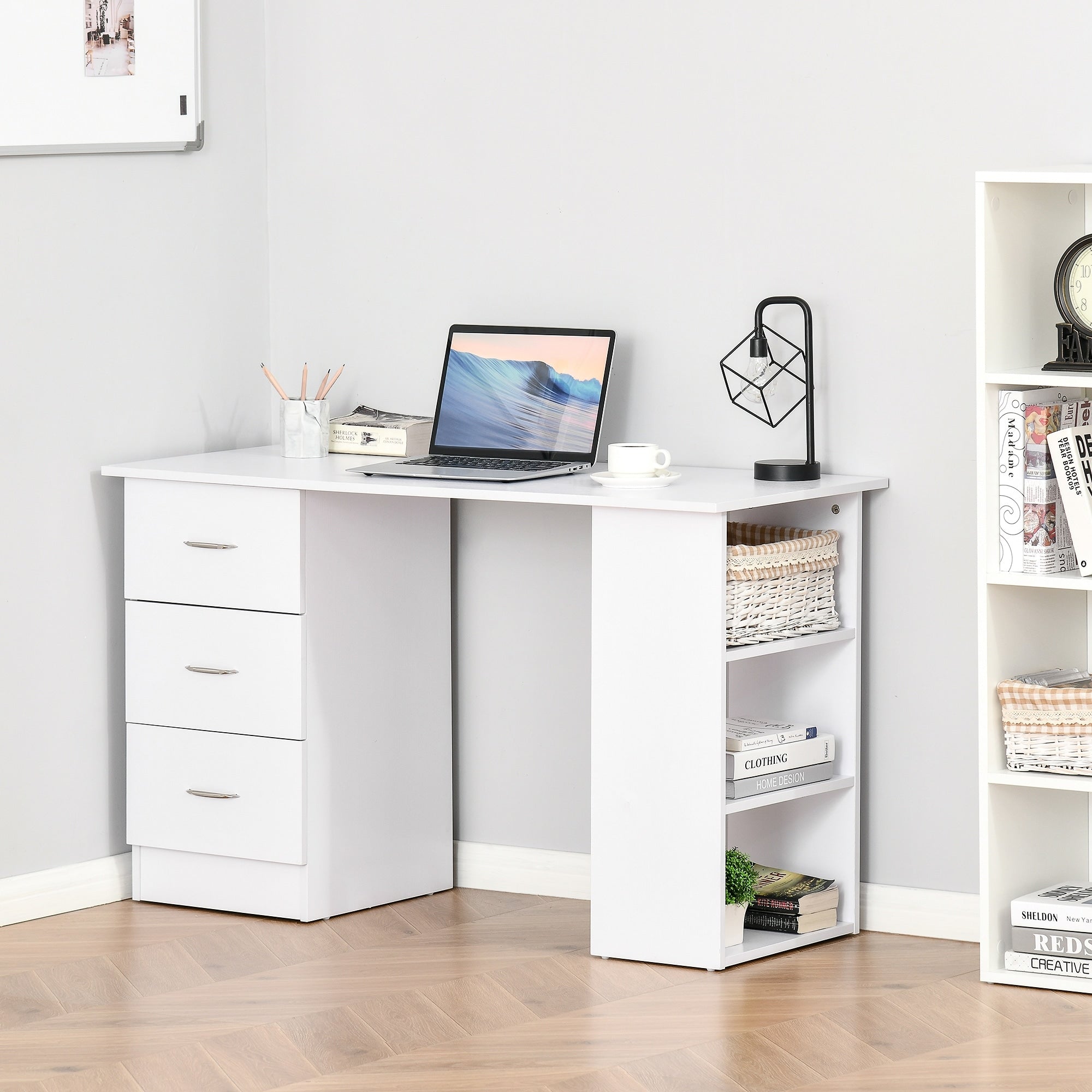 HOMCOM 47 Modern Home Office Computer Desk Bookcase Combo Writing Table Workstation with 3 Drawer and Storage Shelf - White