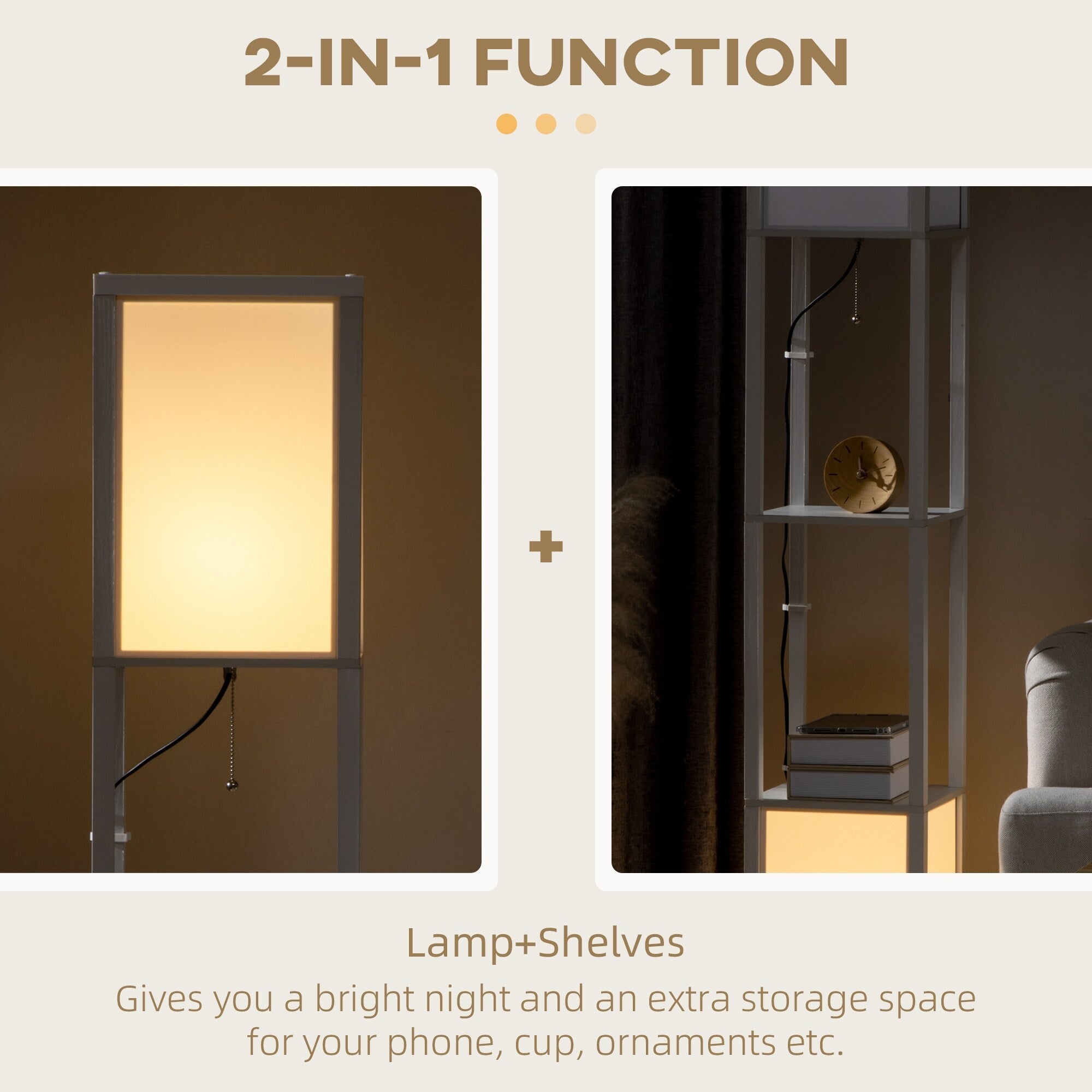 HOMCOM Floor Lamp with Shelves, Dual Light, Modern Tall Standing Lamps, with Fabric Lampshade (Bulb not Included)