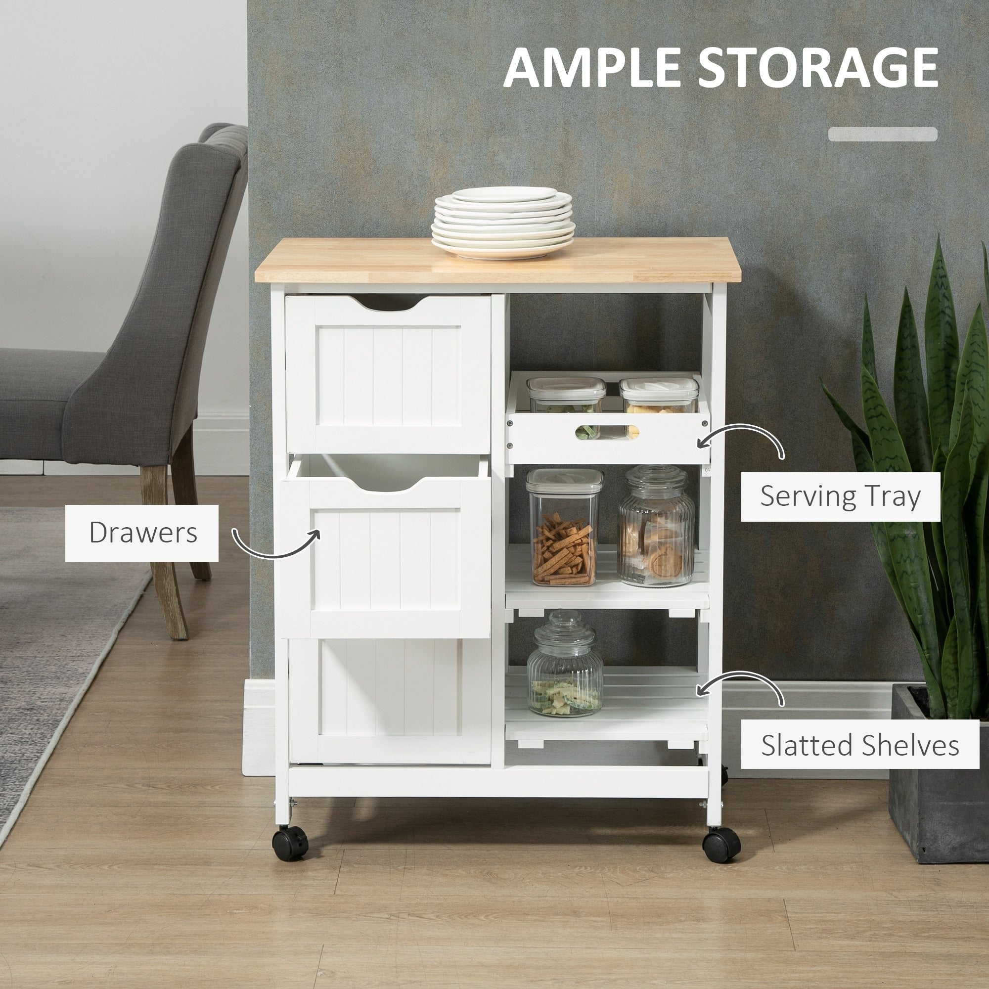 HOMCOM Rolling Kitchen Island Cart, Bar Serving Cart, Compact Trolley on Wheels with Wood Top, Shelves & Drawers for Home Dining