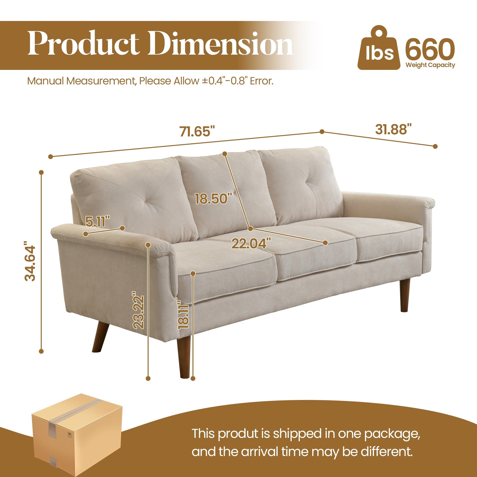 HOOOWOOO Mid-Century 3-Seat Upholstered Sofa with Wood Legs for Living Room