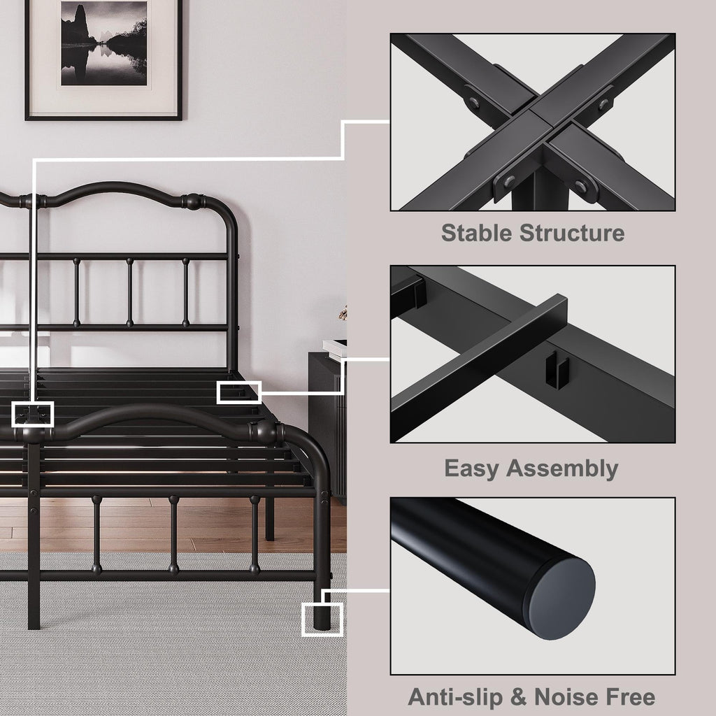 14 In High Heavy Duty Metal Bed Frame with Vintage Style, Supports Up To 2500lbs, Easy Assembly and No Squeak