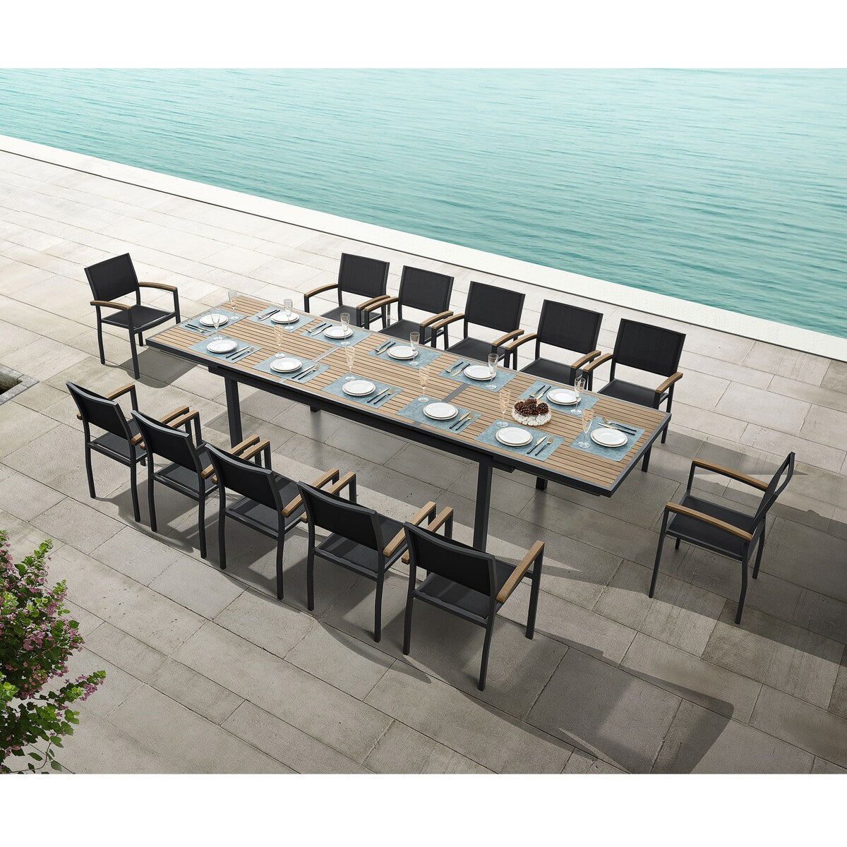 Heck 13 Pieces FSC Teak Aluminum Outdoor Dining Set for 12 Person, Extendable Table and Stackable Chair, Charcoal Black
