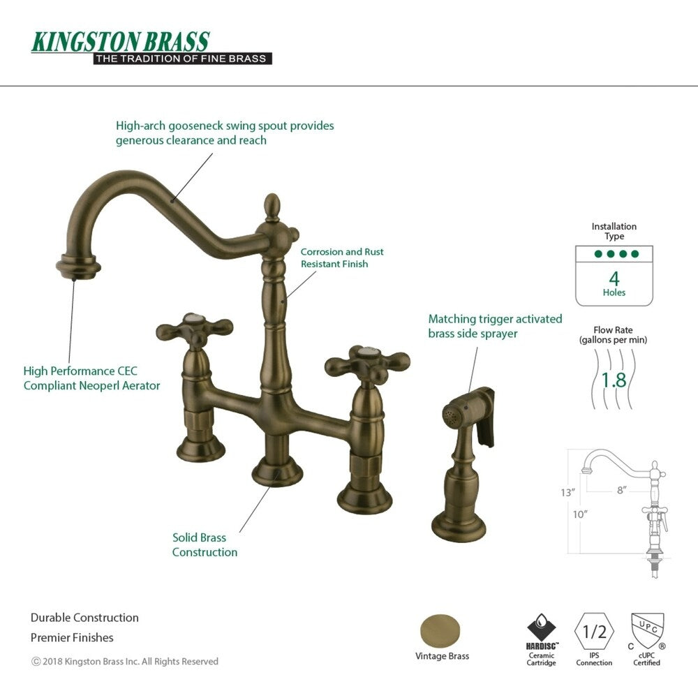 Kingston Brass Heritage Bridge Kitchen Faucet with Brass Sprayer