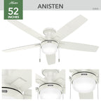 Hunter 52 Anisten Low Profile Ceiling Fan with LED Light and Pull Chain - Modern, Contemporary, Transitional