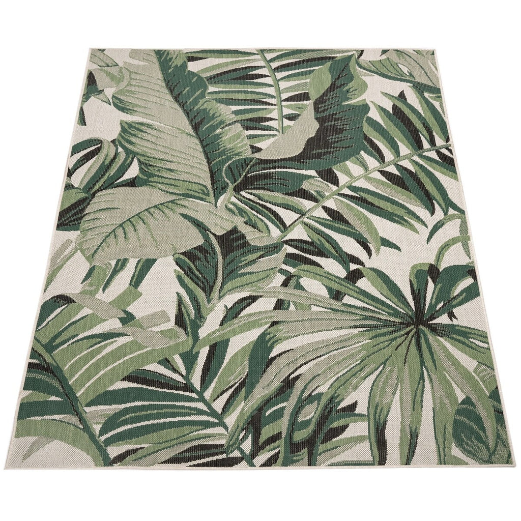 In- & Outdoor Rug Tropical Palm Leaf Design for Patio in Green Beige