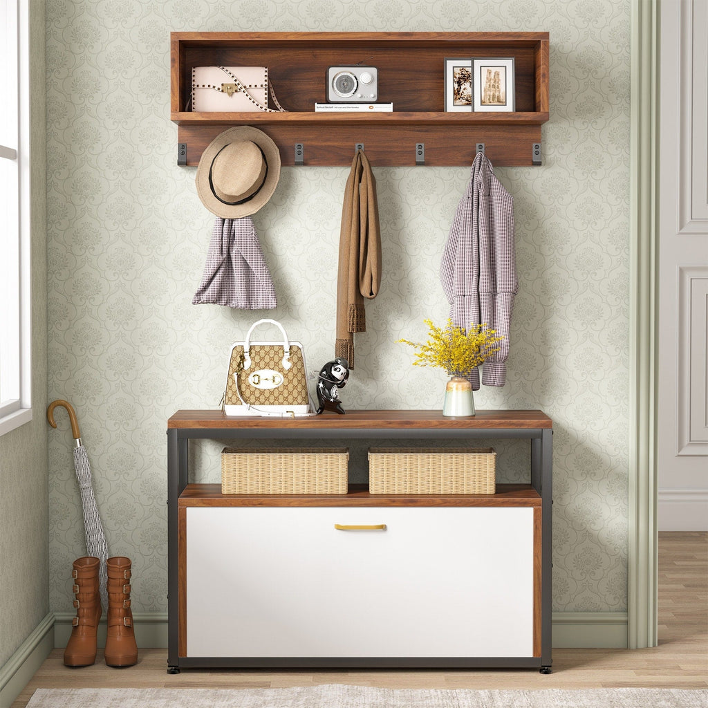 Entryway Coat Rack Shoe Bench Set, Industrial Hall Tree Coat Shoe Rack