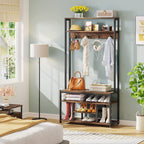 Industrial Hall Tree, Entryway Shoe Bench with Coat Rack Hook and Storage Shelving