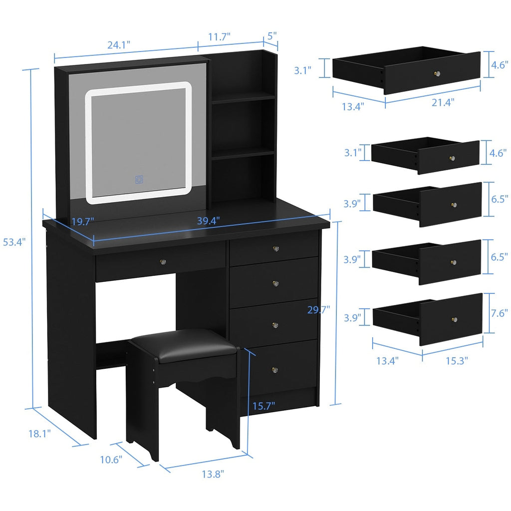 Kerrogee Makeup Vanity Set with Adjustable Lighted Mirror & Stool - 39.4L x 19.7W x 53.5H