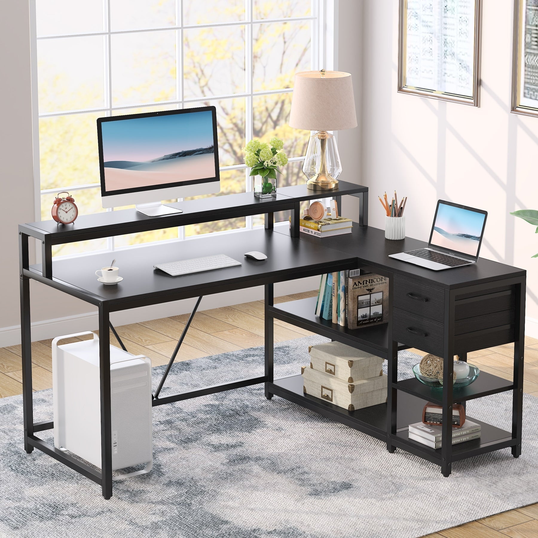 L Shaped Desk with Drawer, Home Office Corner Desk with Storage Shelves and Monitor Stand, Rustic PC Desk for Small Space