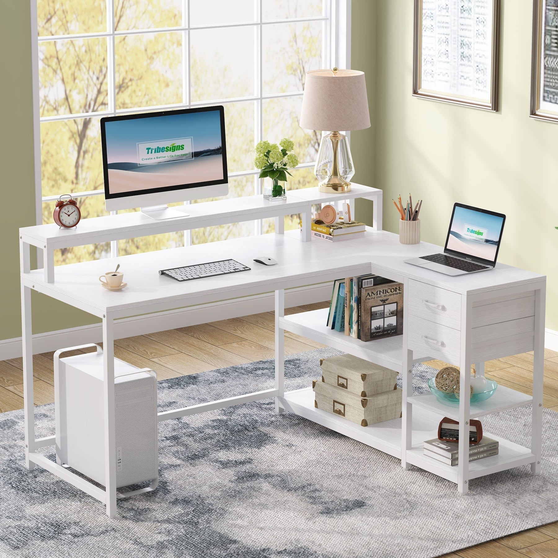 L Shaped Desk with Drawer, Home Office Corner Desk with Storage Shelves and Monitor Stand, Rustic PC Desk for Small Space