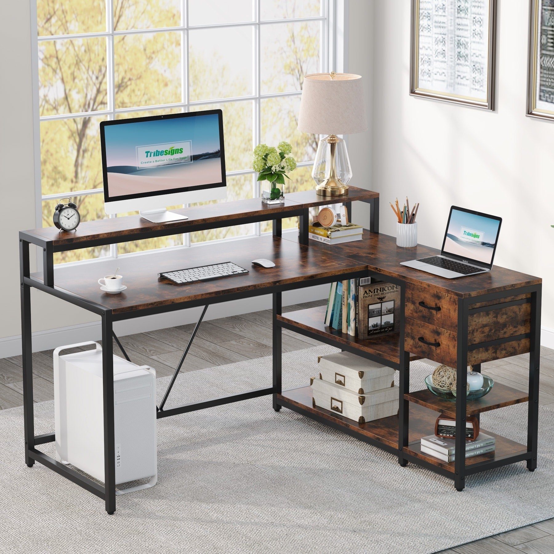 L Shaped Desk with Drawer, Home Office Corner Desk with Storage Shelves and Monitor Stand, Rustic PC Desk for Small Space