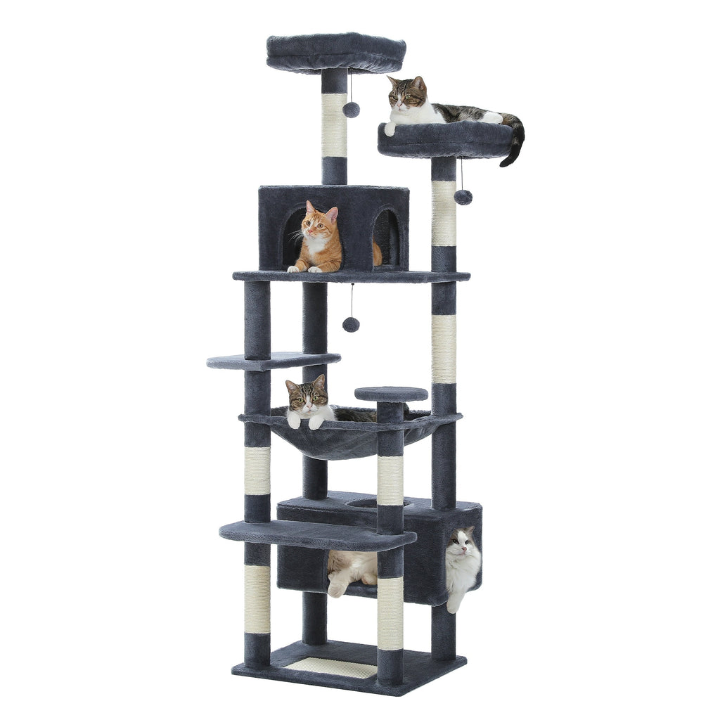 Large Cat Tower Cat Condo with Scratching Posts and Pads, 2 Padded Perch, Dual Condo and Basket