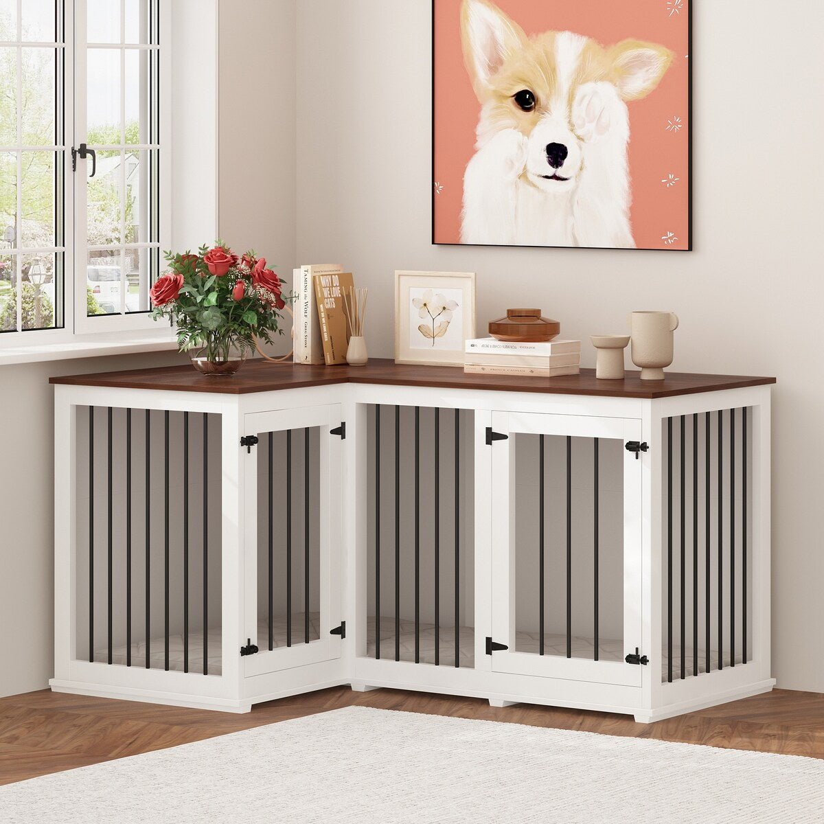 Large Corner Dog Crate Furniture for 2 Dogs, L Shape Dog Crate Cage - 58.7X41.1