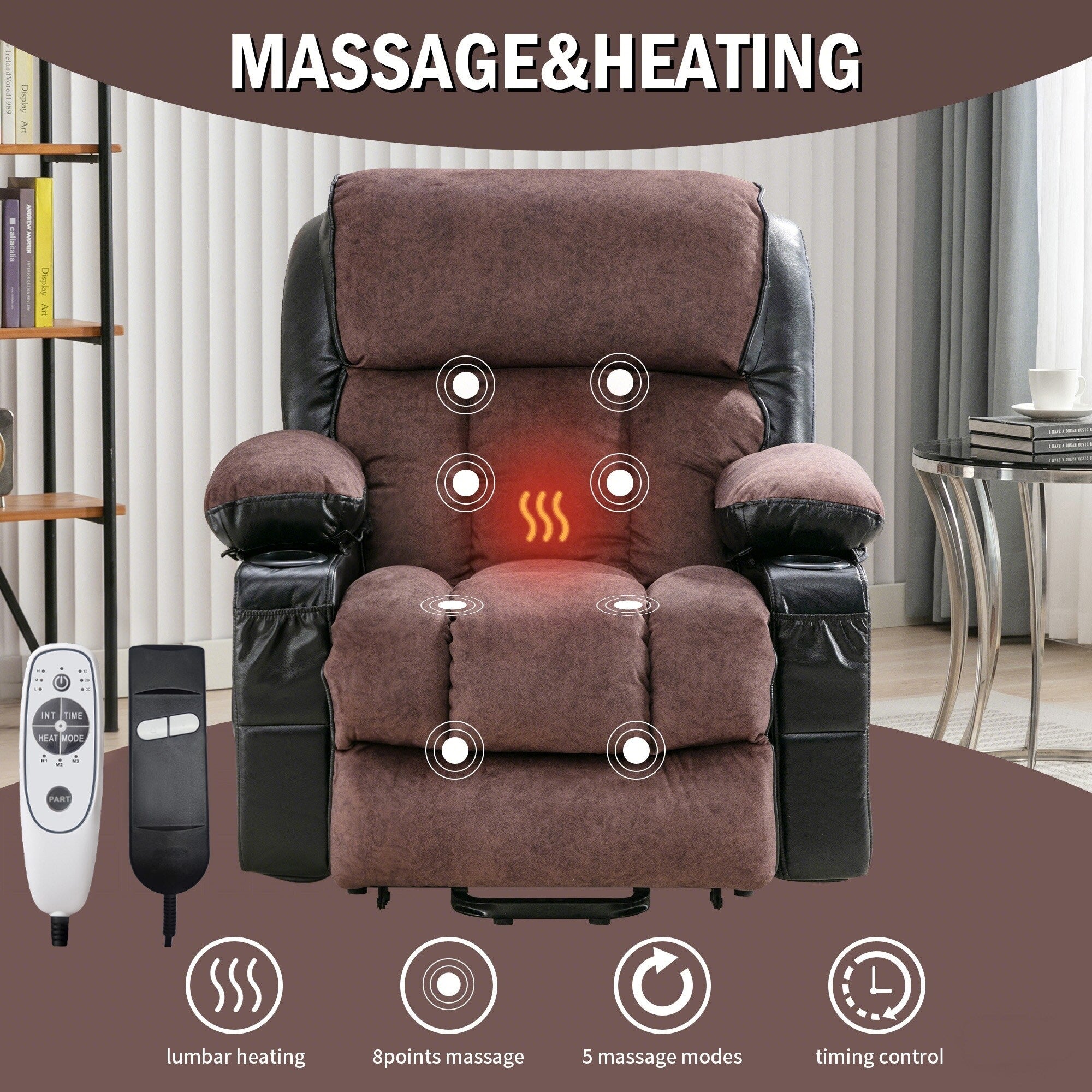 Large Power Lift Recliner Chair with Heat and 8-Point Massage - Remote Control, USB Port
