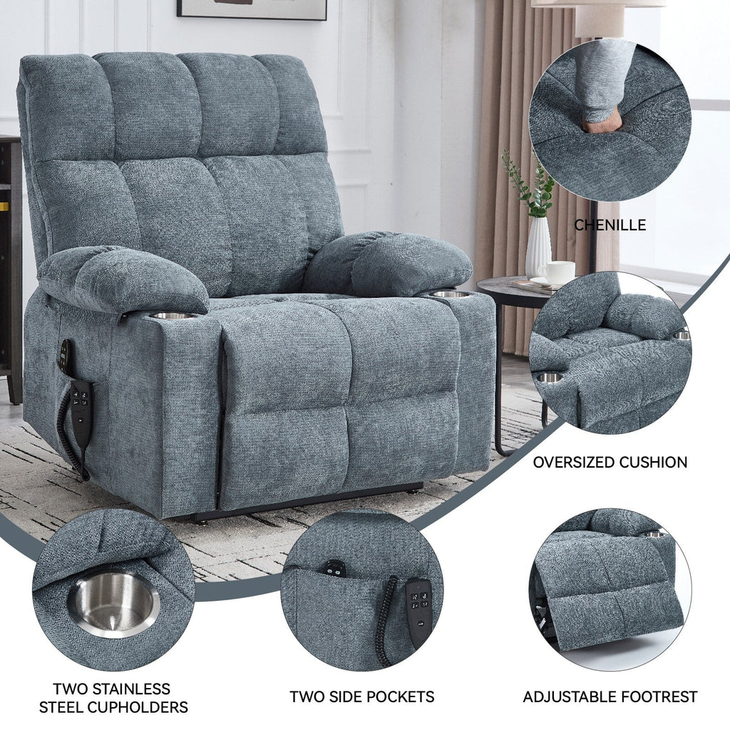 Lazy Boy Dual Motor Chenille Power Lift Recliner w/Massage and Lumbar Heating, Dual Cup Holders, Grey-Blue