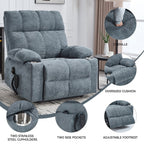 Lazy Boy Dual Motor Chenille Power Lift Recliner w/Massage and Lumbar Heating, Dual Cup Holders, Grey-Blue