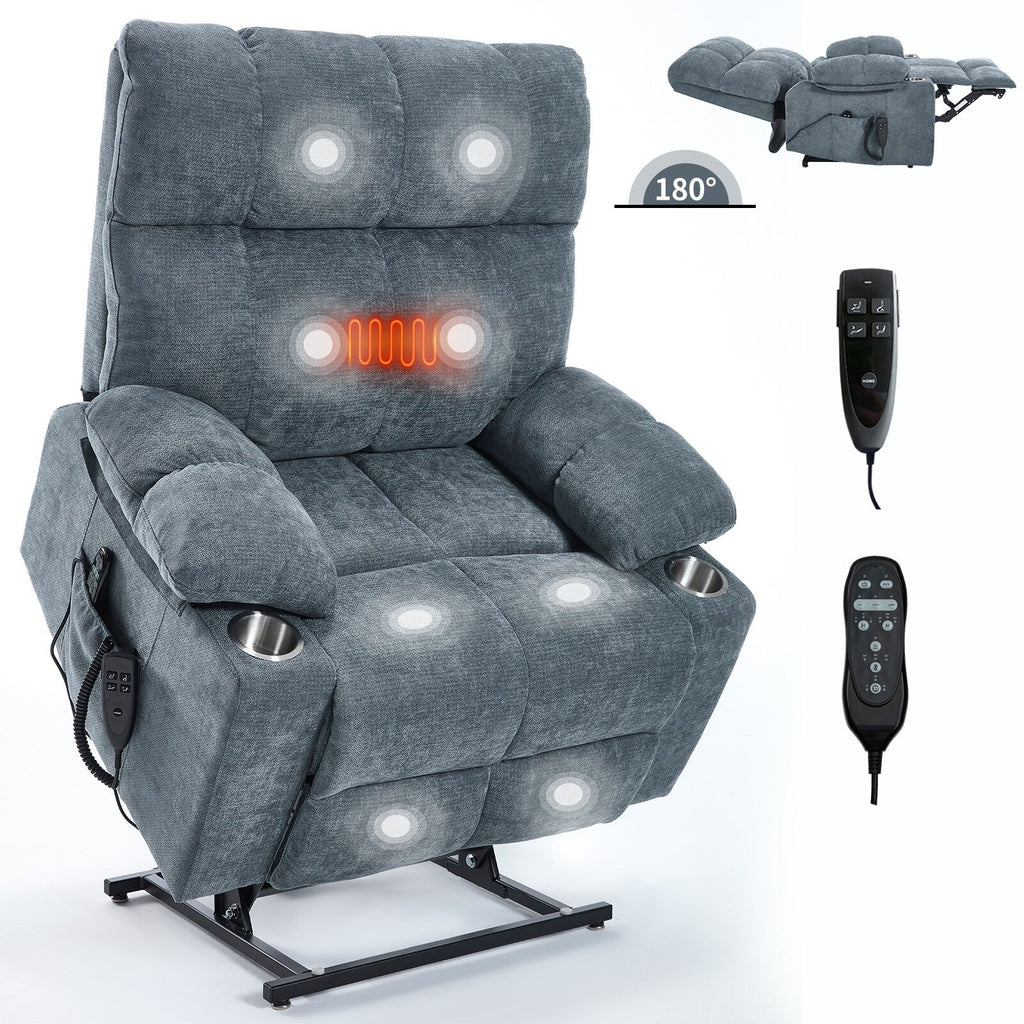 Lazy Boy Dual Motor Chenille Power Lift Recliner w/Massage and Lumbar Heating, Dual Cup Holders, Grey-Blue