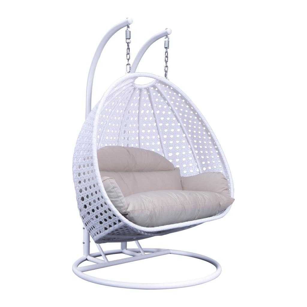 LeisureMod 2 Person Hanging Egg Chair with Stand - Outdoor/Indoor Rattan Wicker Patio Swing Hammock Lounger with Cushions