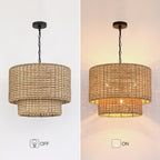 Lennie 20 in. 4-Light Rattan Tiered Drum Chandelier Light with Black Canopy - 20 in. W - 20 in. W