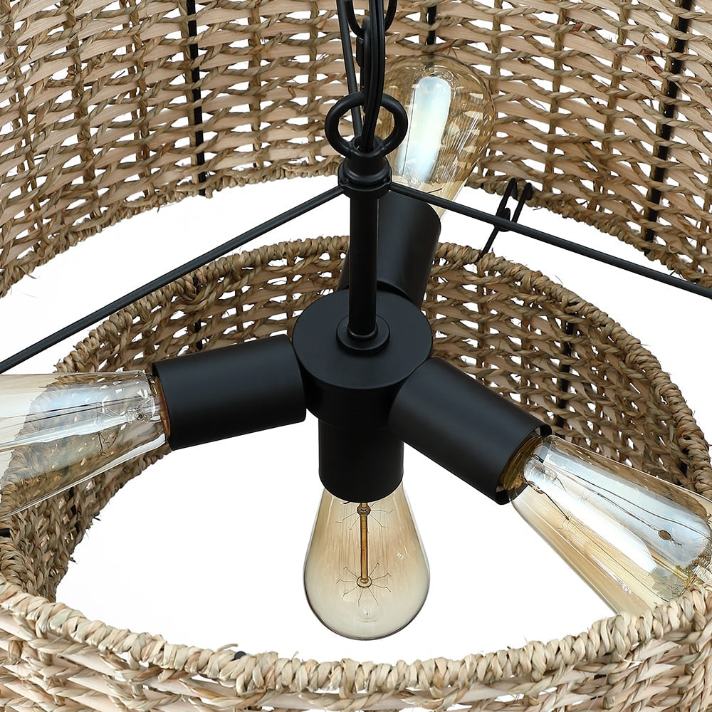 Lennie 20 in. 4-Light Rattan Tiered Drum Chandelier Light with Black Canopy - 20 in. W - 20 in. W