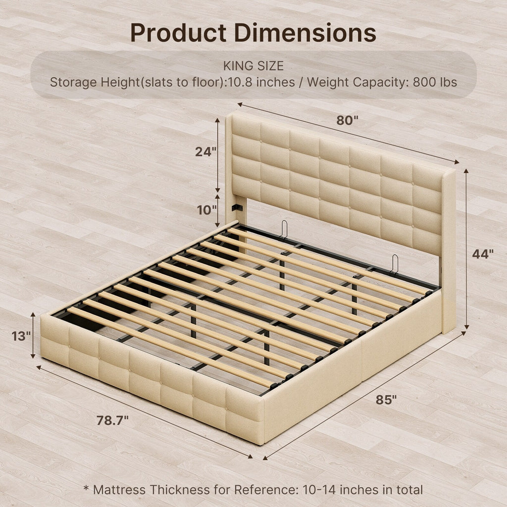 Lift Up Storage Bed Frame, Upholstered Platform Bed Frame with Hydraulic Storage System and Headboard