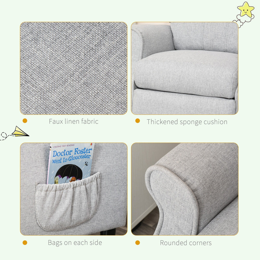 Light Grey Kids Children Upholstered Manual Recliner for 3-5 Years with Footrest and 2 Side Pockets