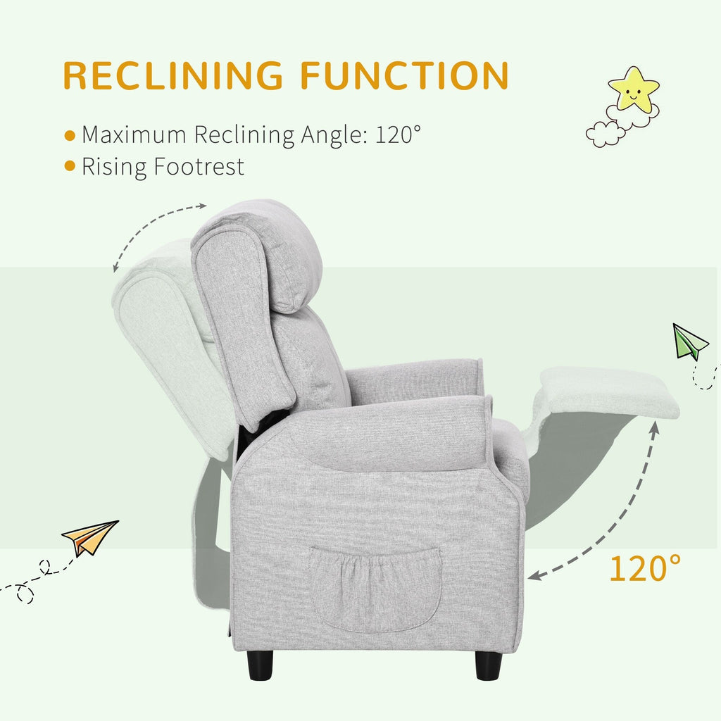 Light Grey Kids Children Upholstered Manual Recliner for 3-5 Years with Footrest and 2 Side Pockets