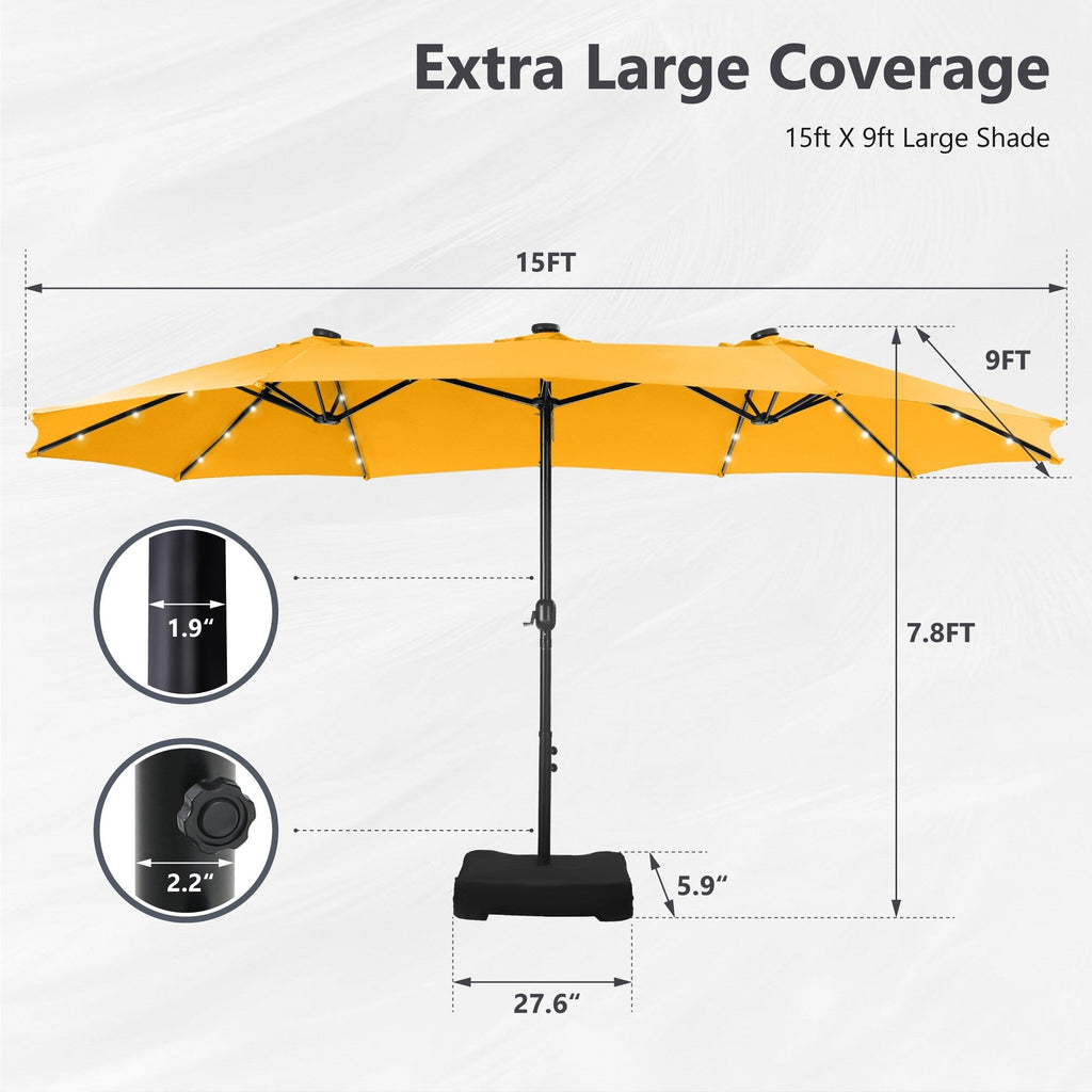 MAISON ARTS 15-foot Rectangular Crank Double-sided Outdoor Market Umbrella Solar LED Lighted Patio Umbrella with Base Included