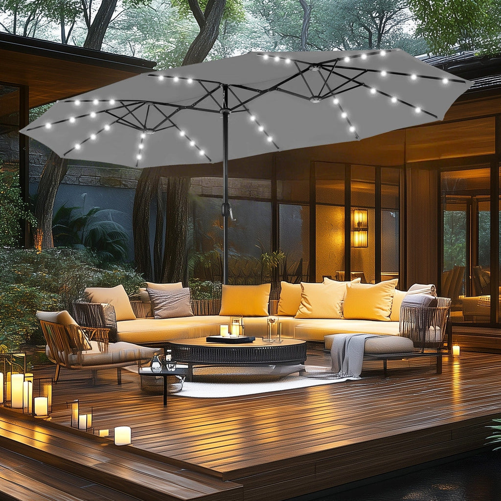 MAISON ARTS 15-foot Rectangular Crank Double-sided Outdoor Market Umbrella Solar LED Lighted Patio Umbrella with Base Included