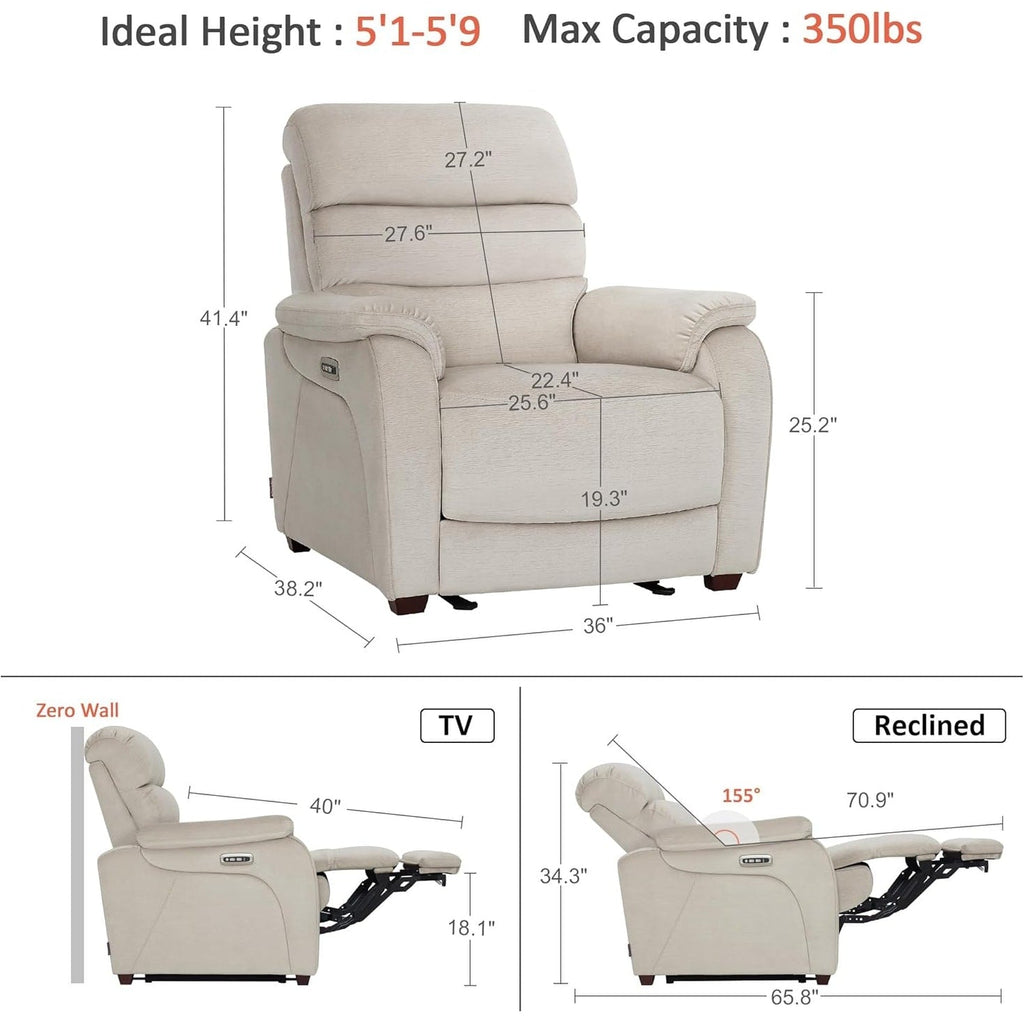 MCombo Zero Wall-Hugger Power Recliner Chair with Adjustable Headrest, Perfect for Small Spaces and RV, Fabric ST257