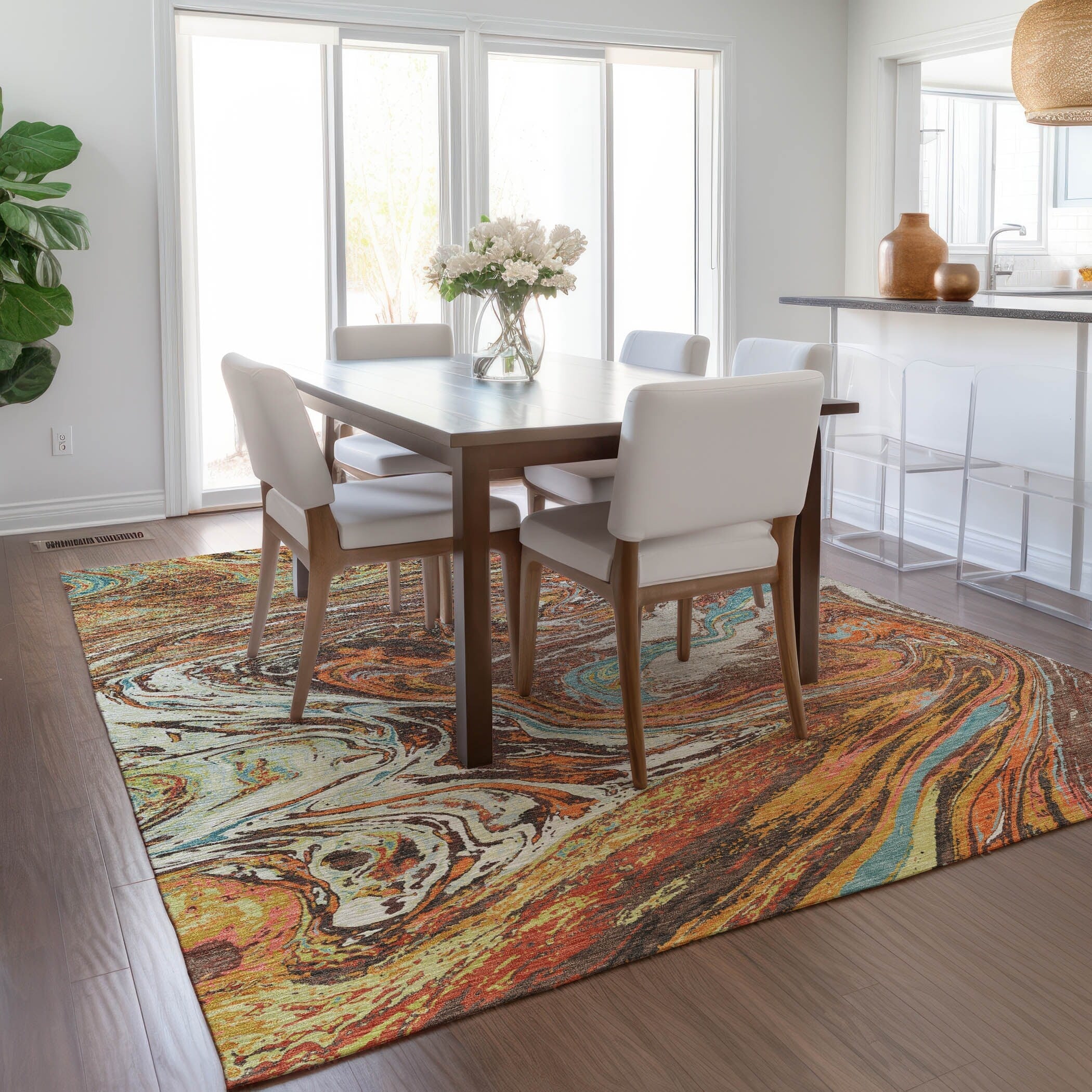 Machine Washable Indoor/ Outdoor Abstract Brushstroke Chantille Rug