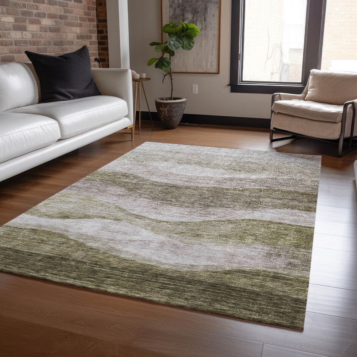 Machine Washable Indoor/ Outdoor Contemporary Waves Chantille Rug