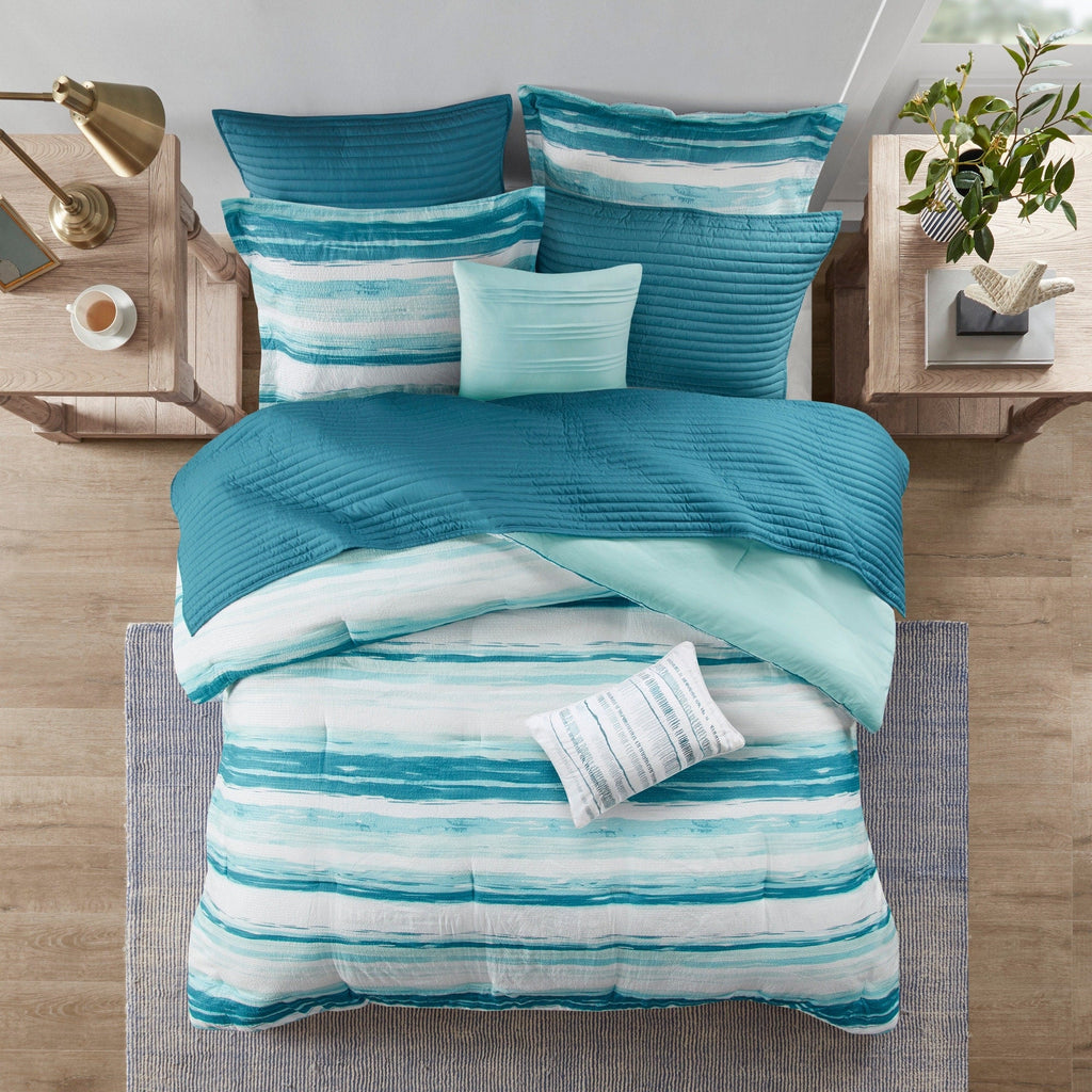 Madison Park Anchorage 8 Piece Printed Seersucker Comforter and Quilt Set Collection