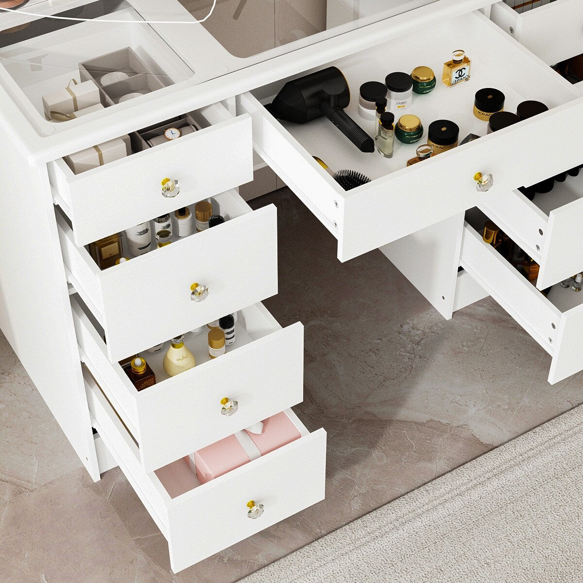 Makeup Vanity w/Tri-Fold Mirror Certified Lighting Glass Top Dresser