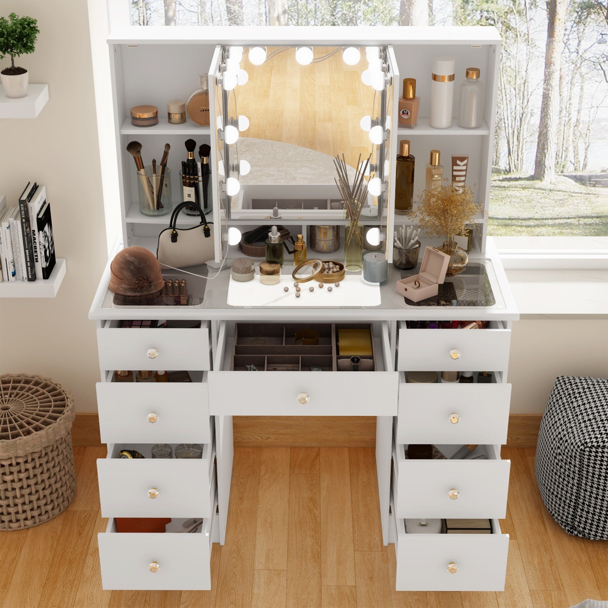 Makeup Vanity w/Tri-Fold Mirror Certified Lighting Glass Top Dresser