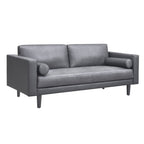 Modern Genuine Leather Sofa with Wooden Legs & Additional Bolster Pillow