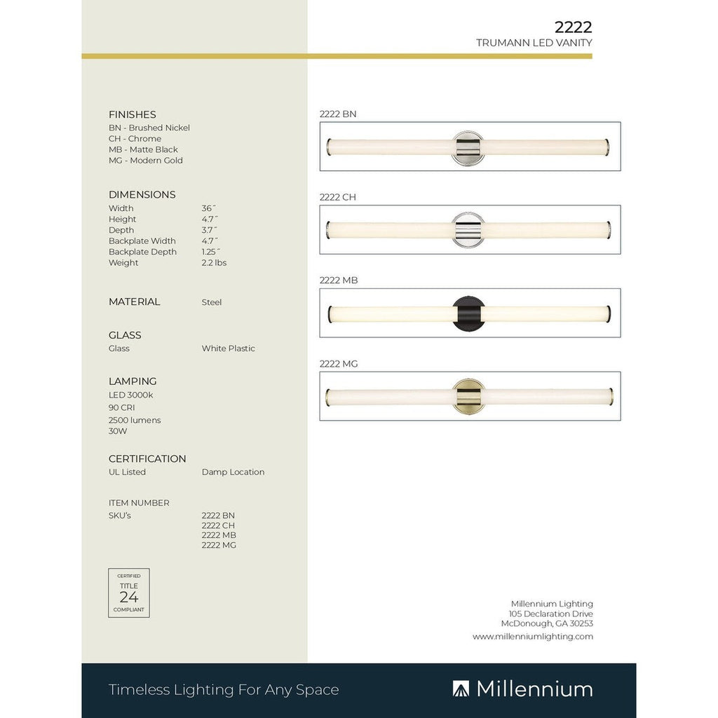 Millennium Lighting Truman LED Bathroom Vanity Fixture in Multiple Finishes