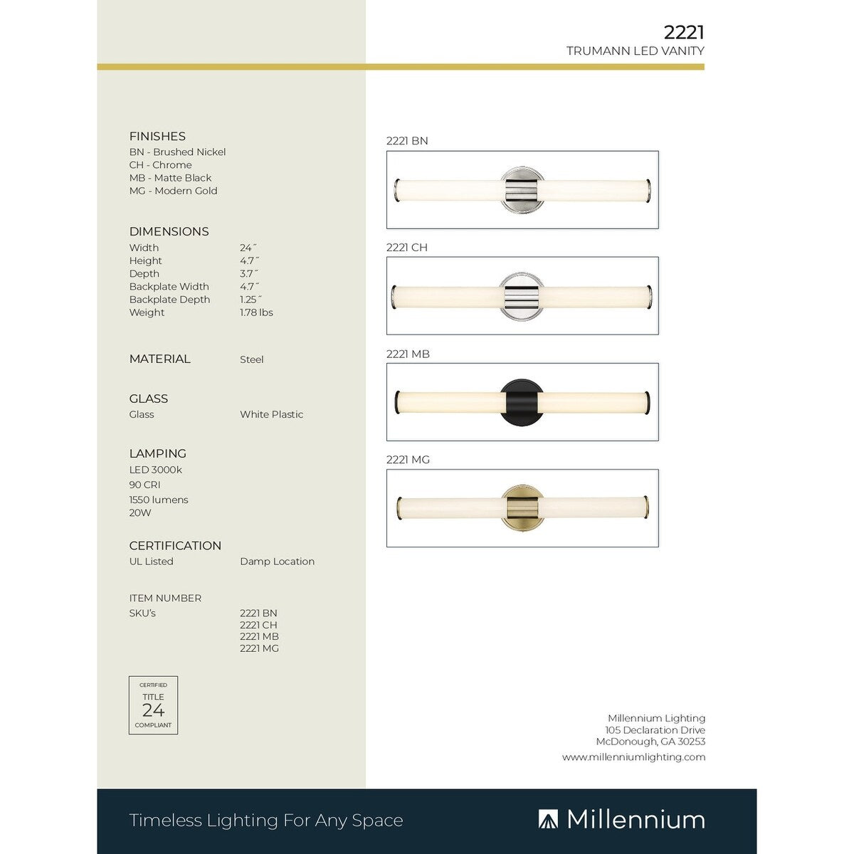 Millennium Lighting Truman LED Bathroom Vanity Fixture in Multiple Finishes
