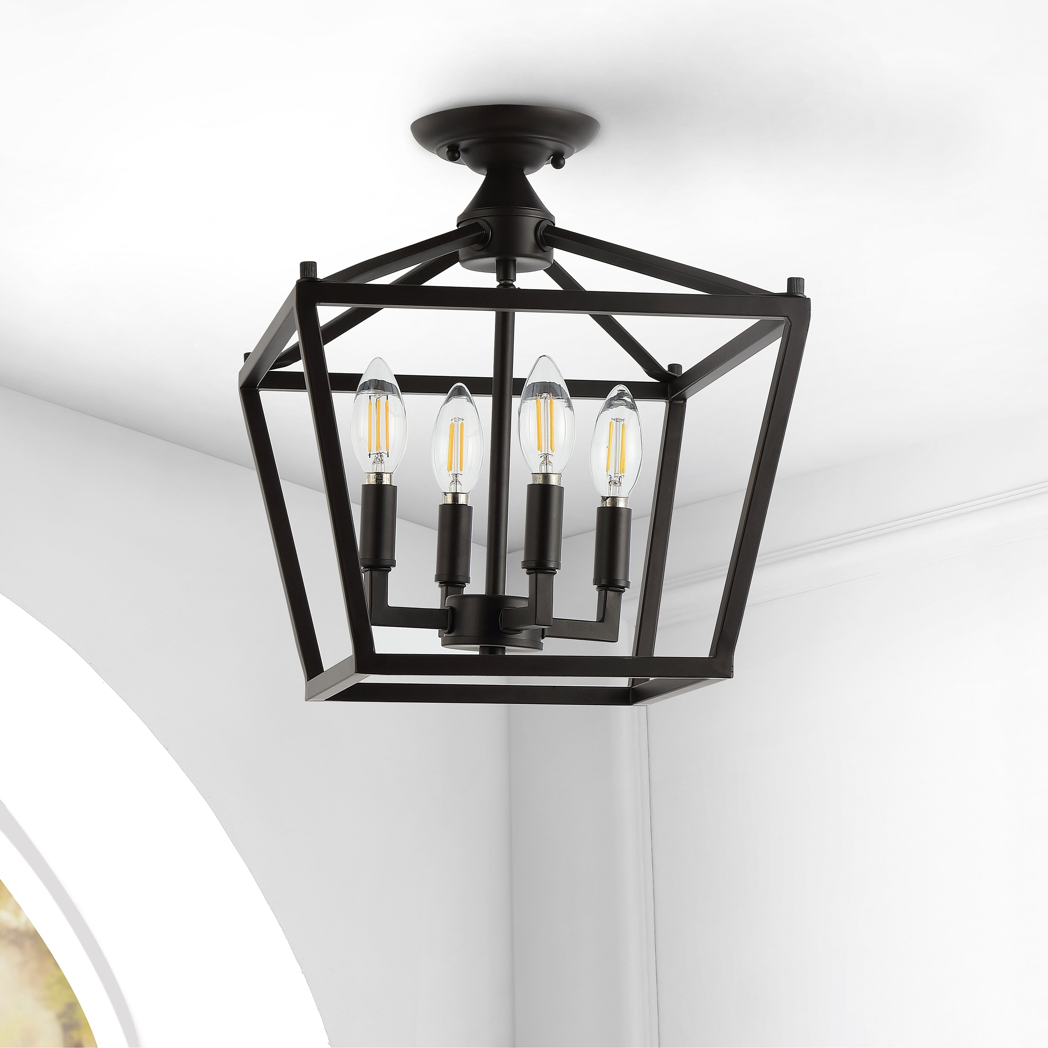 Milton Mini Lantern 4-Light Iron Modern Farmhouse LED Flush Mount, by JONATHAN Y