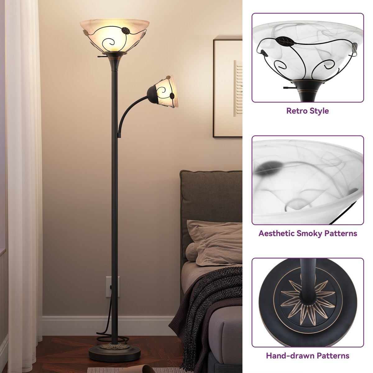 Moasis 71 Traditional Torchiere Floor Lamp with Adjustable Reading Light, Alabaster glass shades - 71H