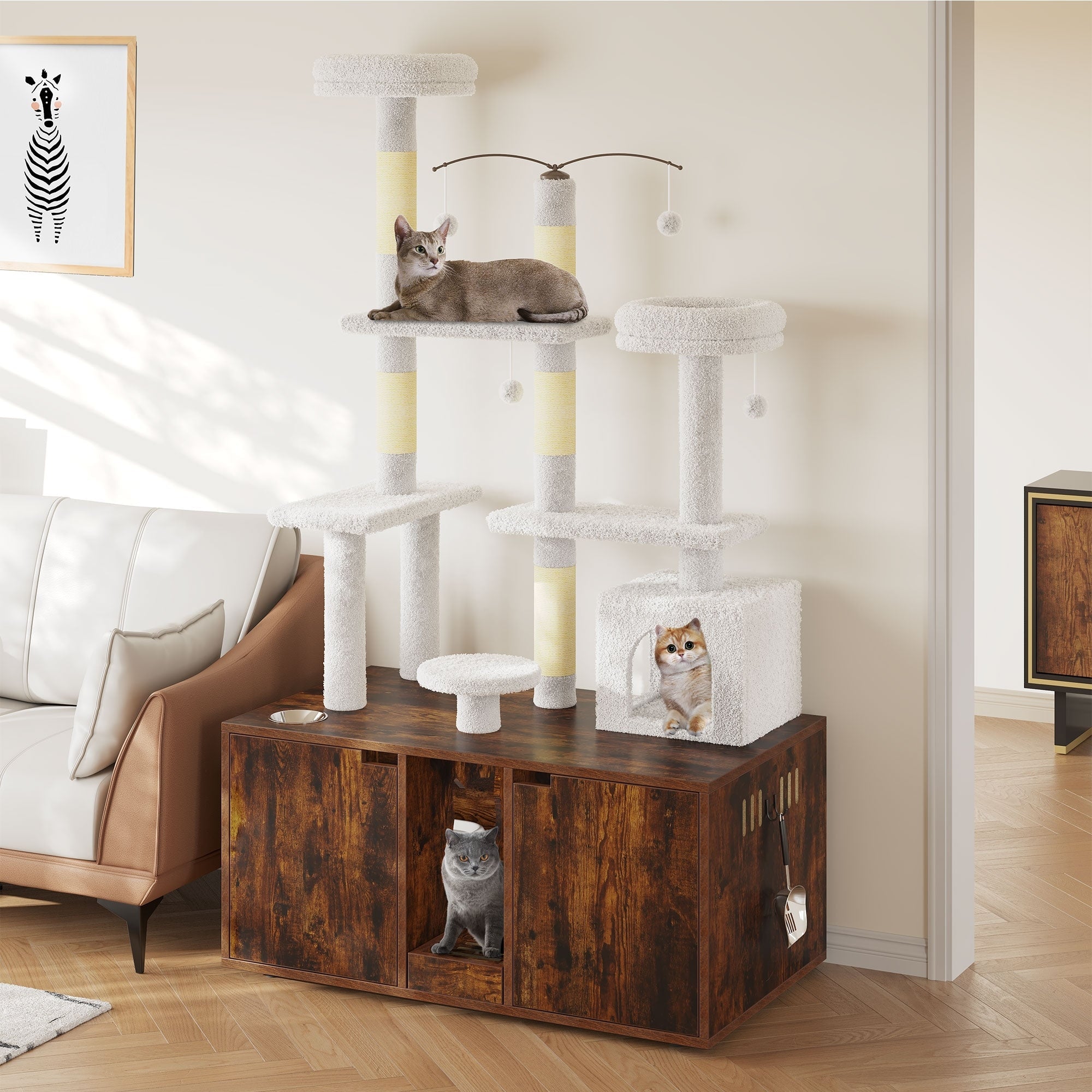 Moasis Double Cat Litter Box Enclosure with Scratching Post Cat Tree