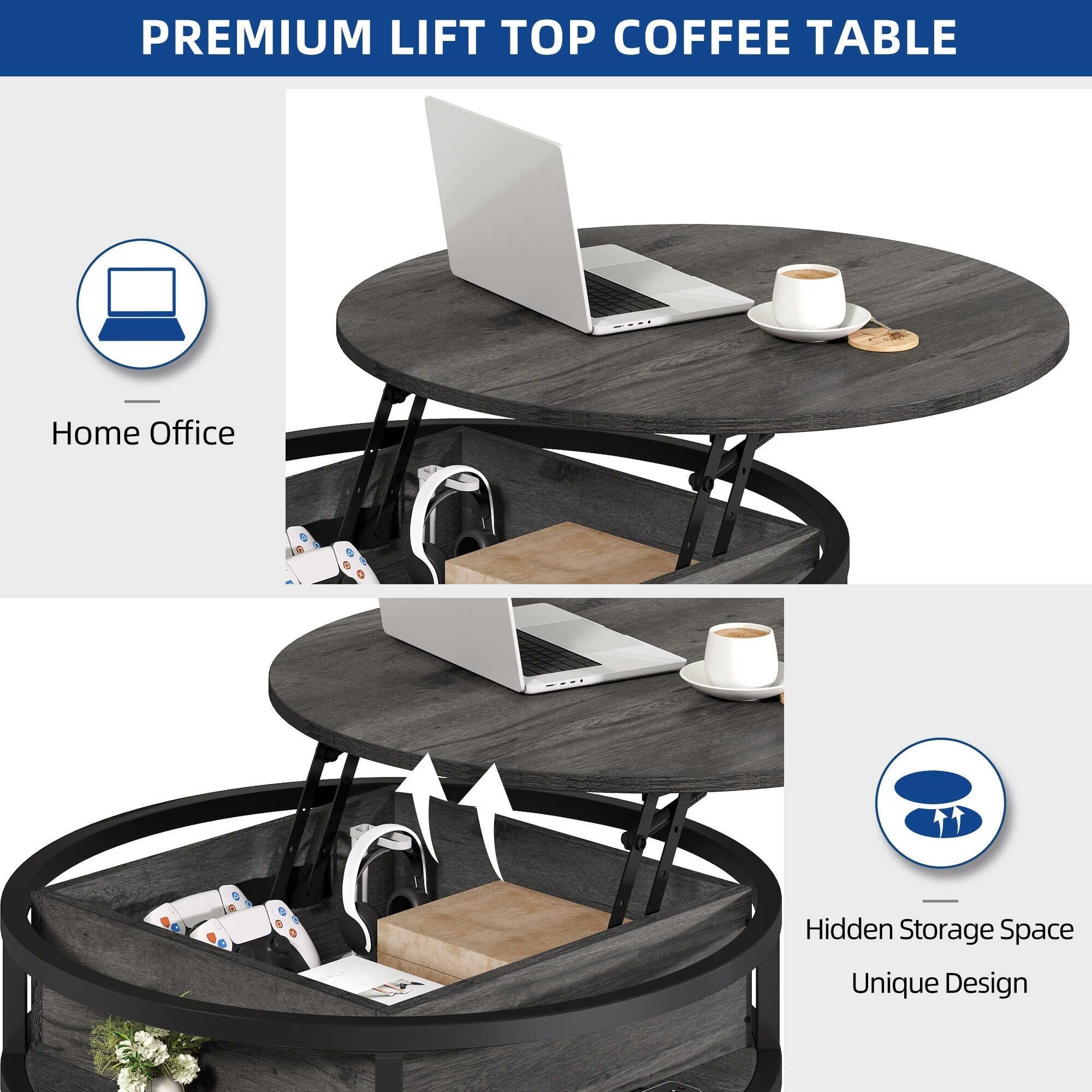 Moasis Round Lift Top Coffee Table with Hidden Storage
