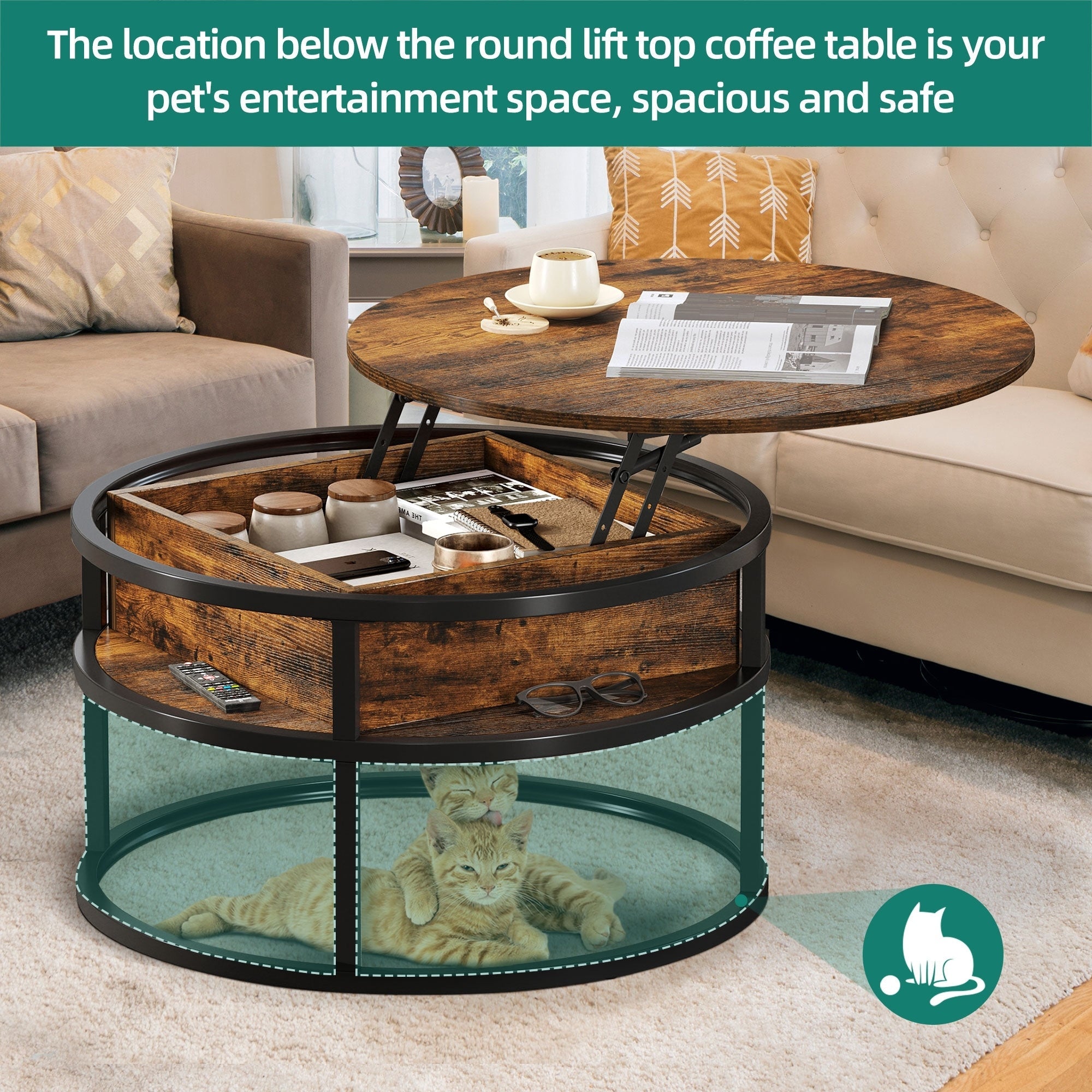 Moasis Round Lift Top Coffee Table with Hidden Storage