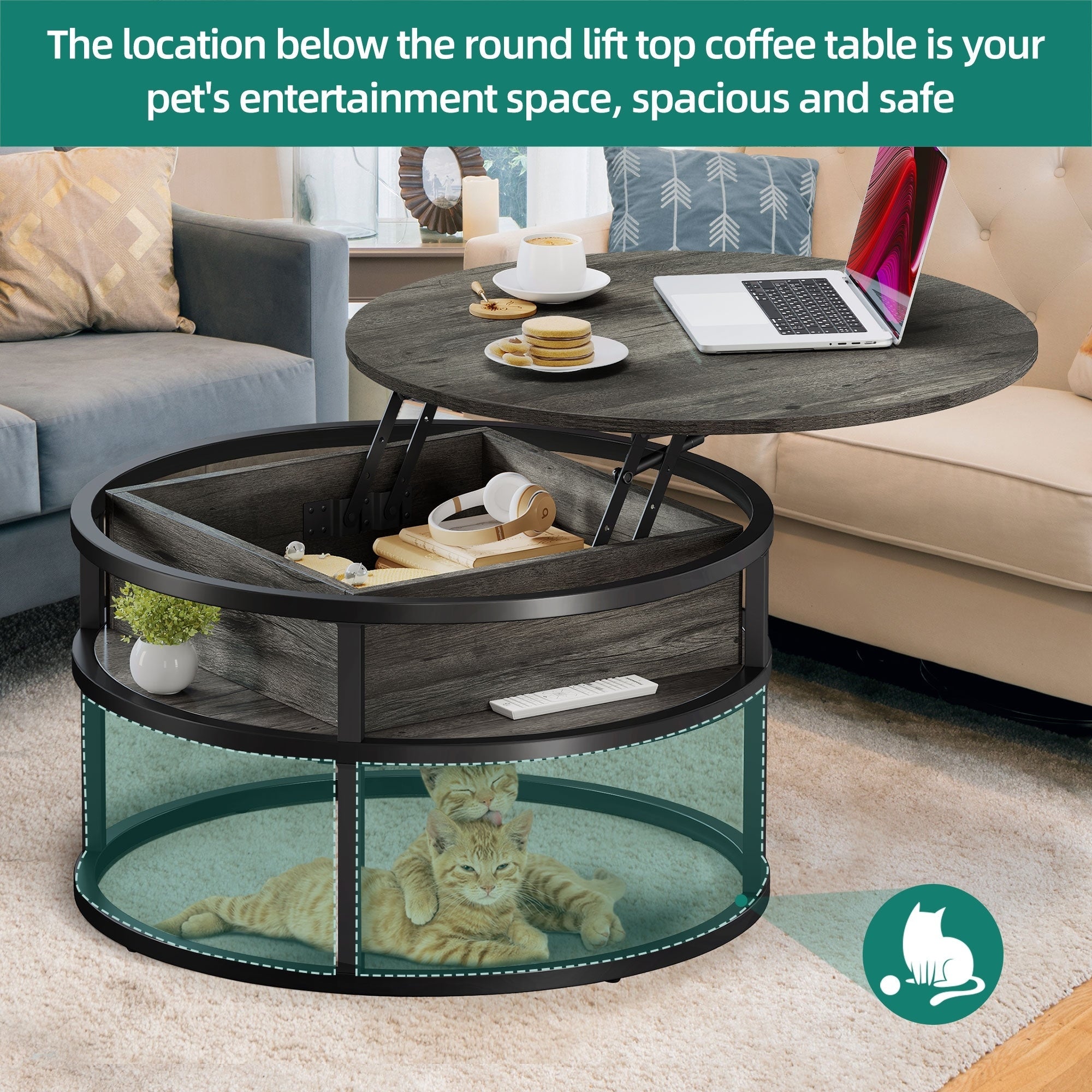 Moasis Round Lift Top Coffee Table with Hidden Storage