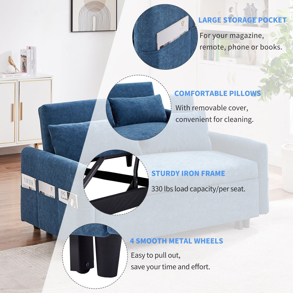Modern 2 Seat Couch, Microfiber Pull Out Sleep Sofa Bed wih Adjsutable Backrest, Storage Pockets, 2 Soft Pillows, USB Ports