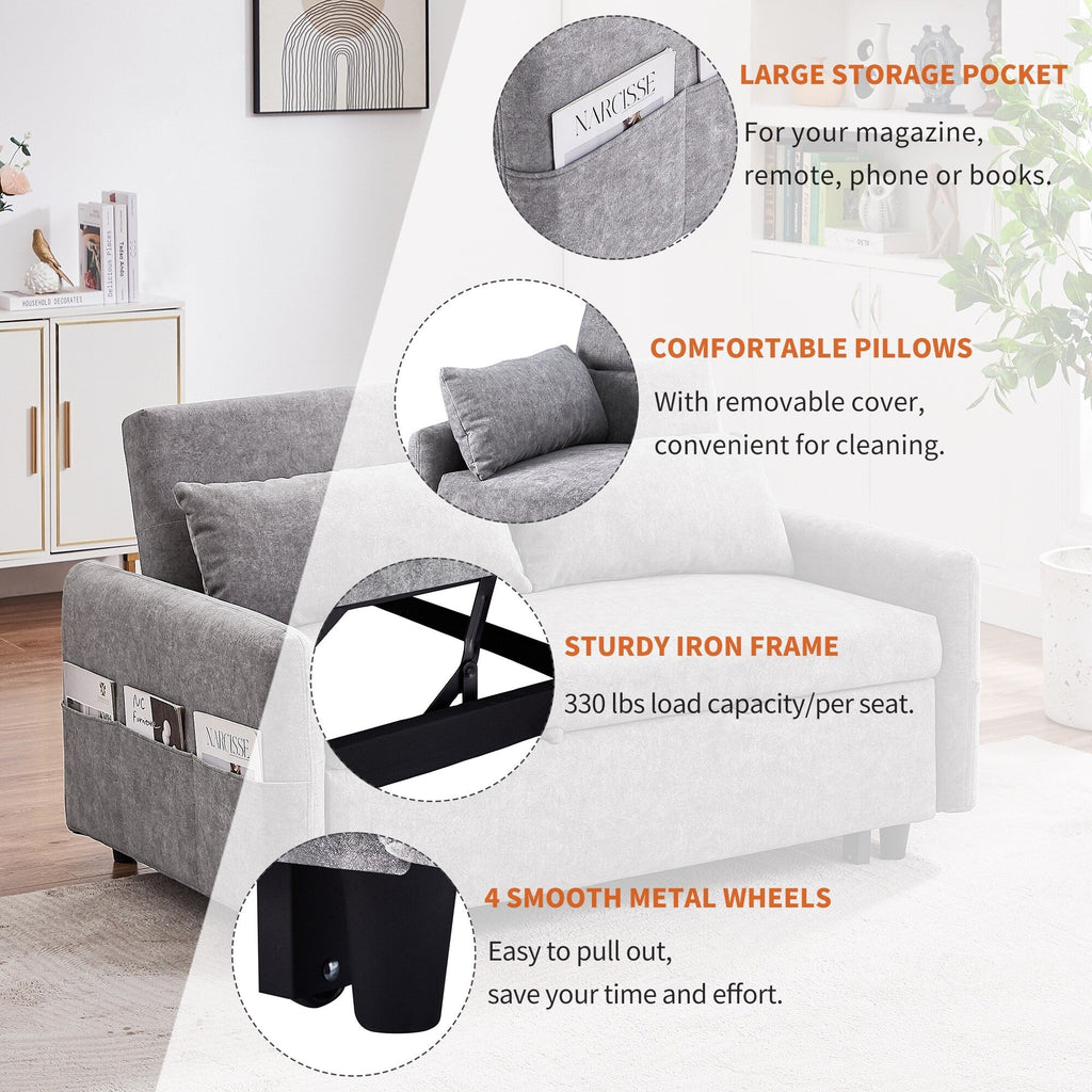 Modern 2 Seat Couch, Microfiber Pull Out Sleep Sofa Bed wih Adjsutable Backrest, Storage Pockets, 2 Soft Pillows, USB Ports