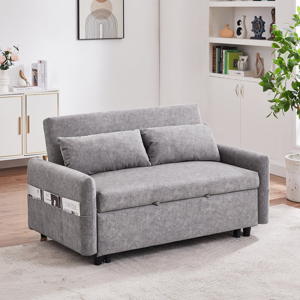 Modern 2 Seat Couch, Microfiber Pull Out Sleep Sofa Bed wih Adjsutable Backrest, Storage Pockets, 2 Soft Pillows, USB Ports