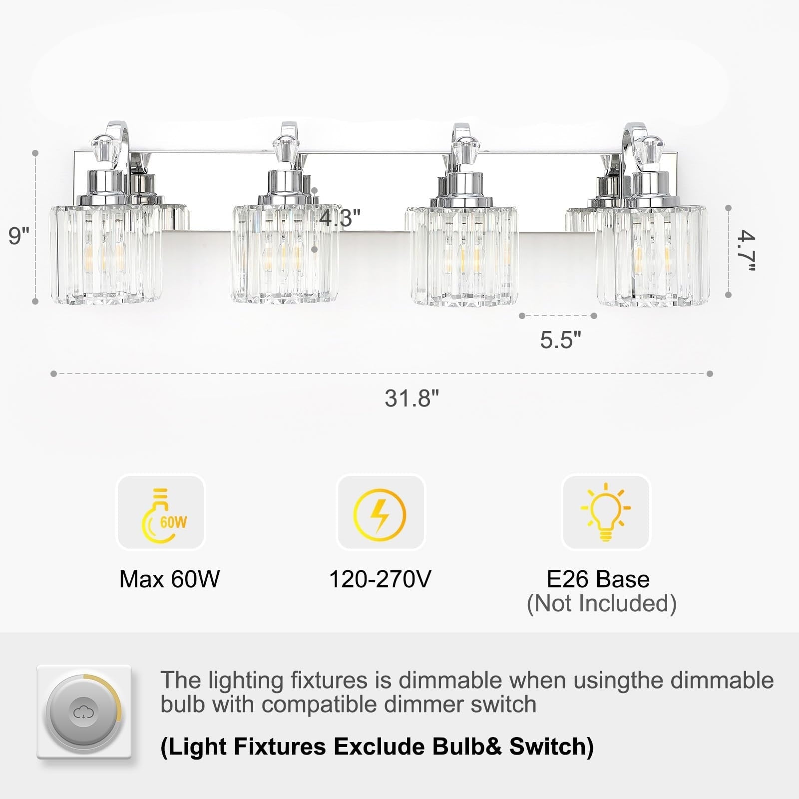 Modern Crystal Bathroom Vanity Lights Dimmable Wall Sconces