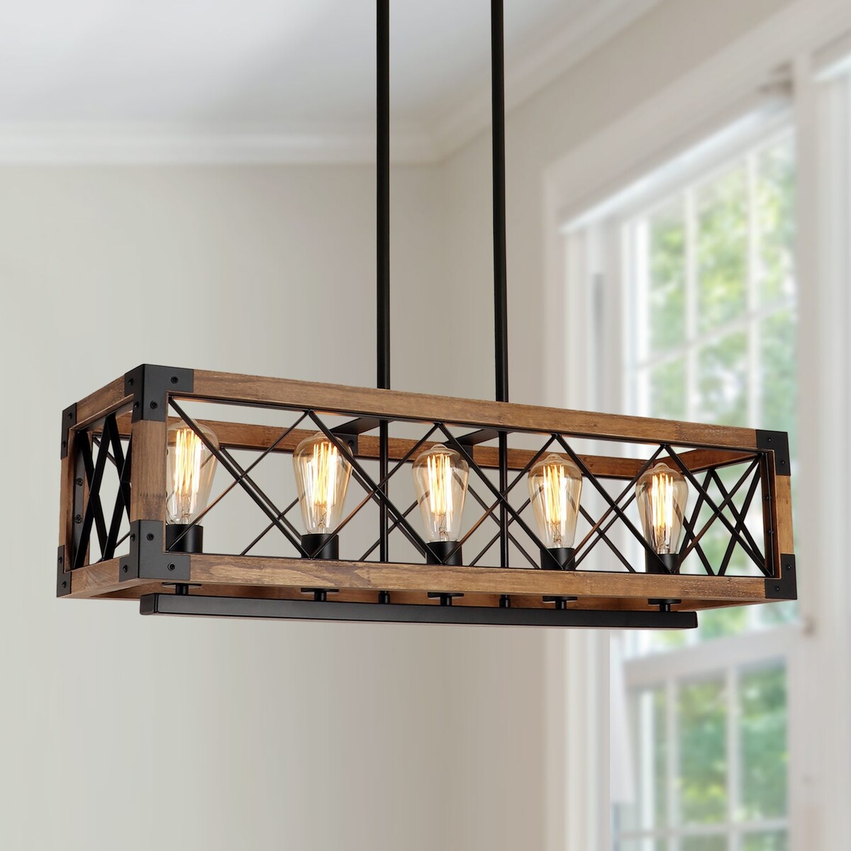 Modern Farmhouse 5-Light Wood Rectangle Chandelier Cage Island Lights for Dining Room - 31.6L x 10 W x 7.8 H