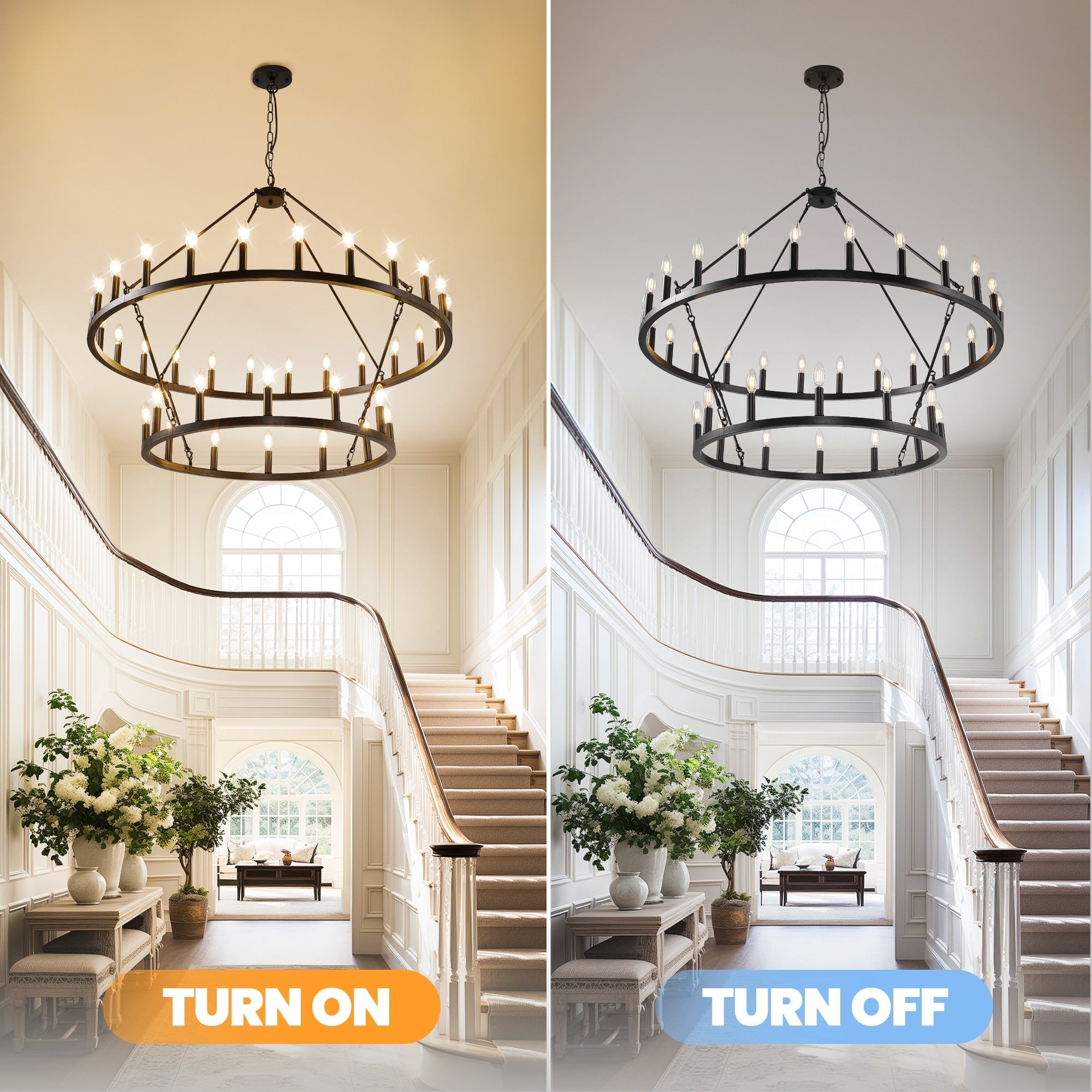 Modern Farmhouse Chandelier 2 Tier Round Wagon Wheel Chandelier Large High Ceiling Light.